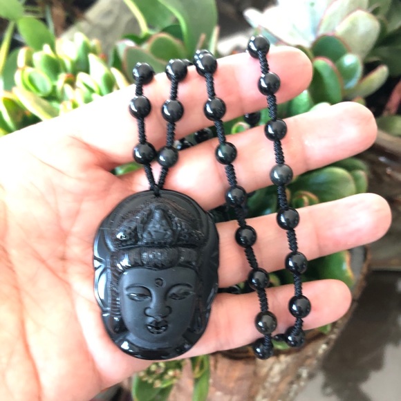 BUDDHA / SHIVA Handcrafted w Natural Black Onyx Knotted Long Necklace NWOT - Picture 2 of 8